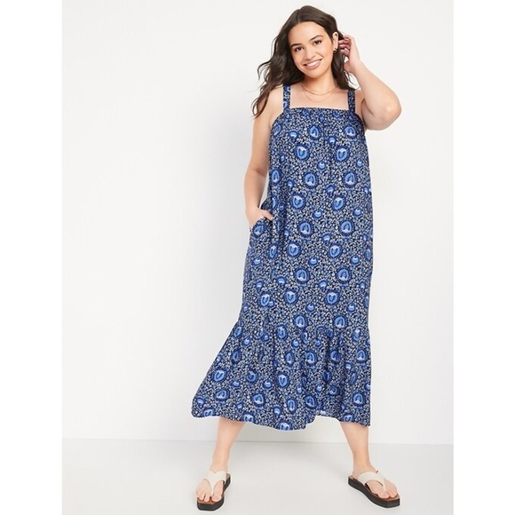 Old Navy Sleeveless Tie-Back Cutout Maxi Swing Dress Dark Sea Blue Print - Picture 1 of 14